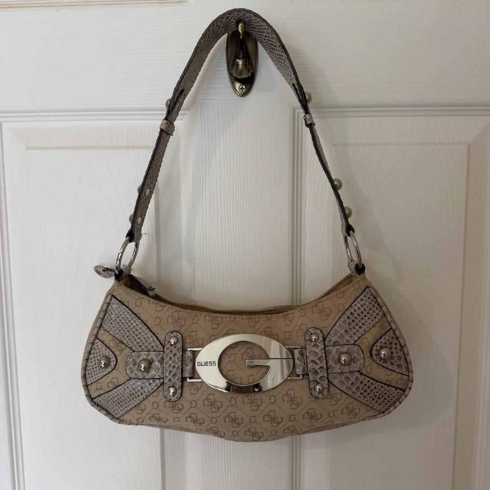 Guess Crescent Mini Bag Baguette Snakeskin shoulder strap VTG Y2K Canvas Chunky